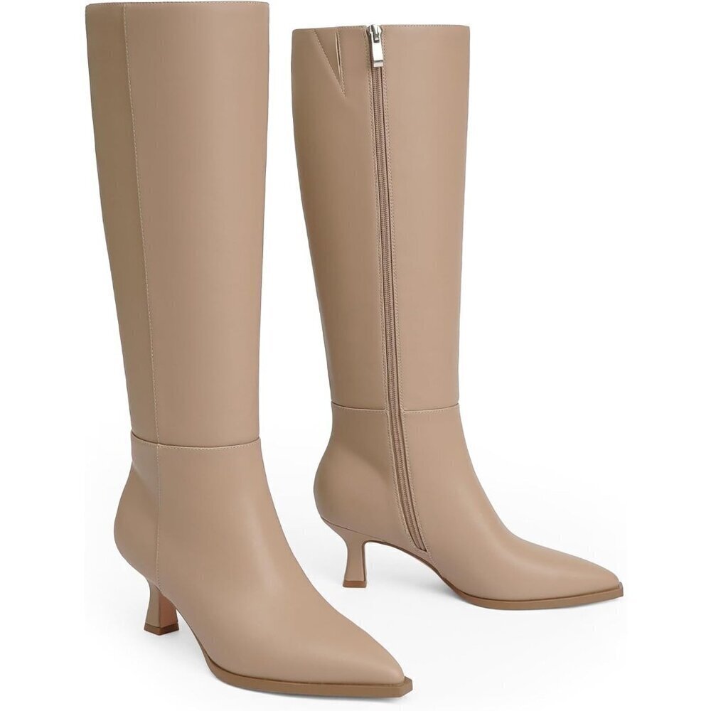 Women's Nude Modatope Knee for Faux Leather Boots Low Heel Pointed Toe Side - Picture 2 of 7
